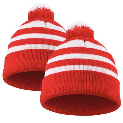 Halloween Beanie Красно-белая полосатая шляпа вязаная Pom Pom Cuff Cap для женщин Мужчины Рождественские аксессуары