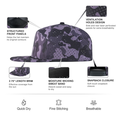 Настраиваемая шляпа Snapback Регулируемая производительность Лазерная резка отверстия Перфорированная шапка Snapback