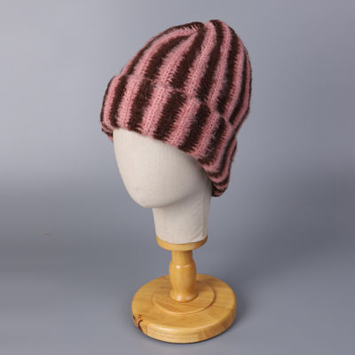 Wholesale High Quality Outdoor Female Wool Winter Warm Knit Beanie Custom Colorful Striped Pattern Beanie Cap for Women