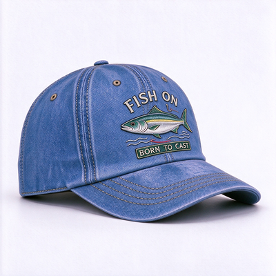 Washed Denim Fishing Dad Hat Raised Embroidery Breathable Lightweight Stylish Practical Headwear For Outdoor Anglers Casual Wear