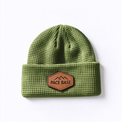 Waffle Knit Beanie Hats Adult Leather Patch Custom Options Designed for Stylish Cold Weather Protection